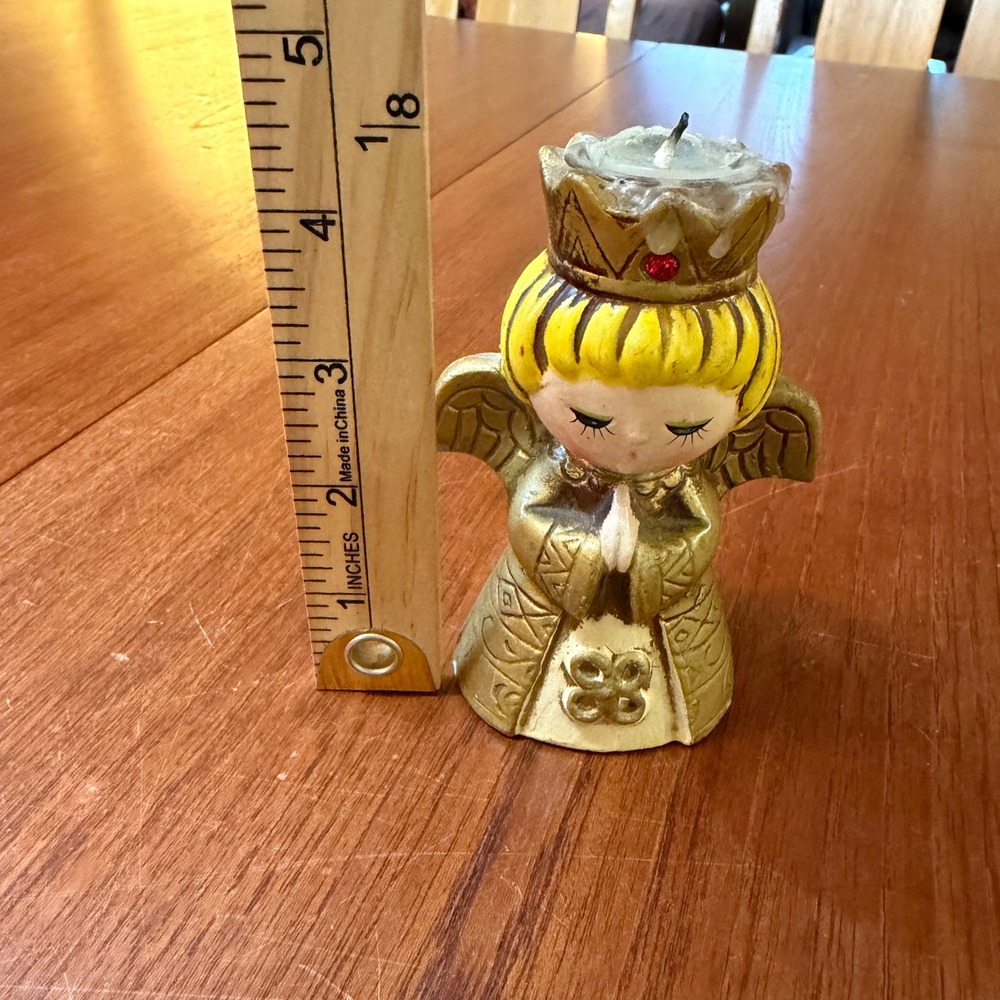 Vintage Gold Praying Angel Candle Holder Crowned Cherub Christmas Mid-Century - Picture 4 of 4